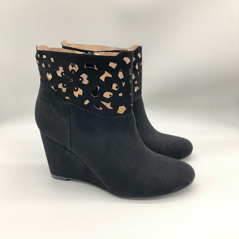 Torrid | black cutout suede wedge booties